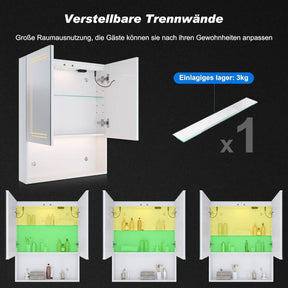 SONNI Spiegelschrank mit Beleuchtung 3 Lichtfarbe Einstellbarn und Beschlagfrei 2 Türiger Spiegelschrank mit Entwicklungszone und Steckdose 60x75 cm weiß