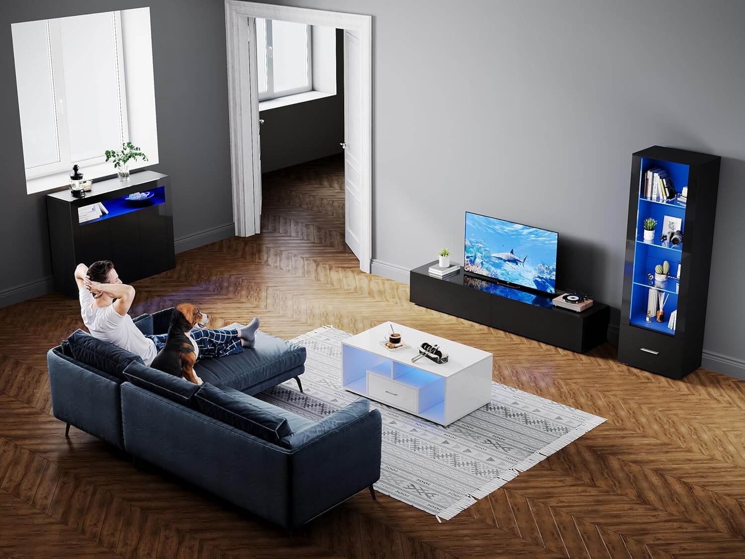 SONNI TV-Schrank Modern 140cm, Lowboard Hochglanz Schwarz Hängend/Stehend, TV-Regal mit 2 Schublade, 2 Türen, Griffloses, Fernsehtisch für Fernseher bis 65 Zoll Wohnzimmer & Schlafzimmer