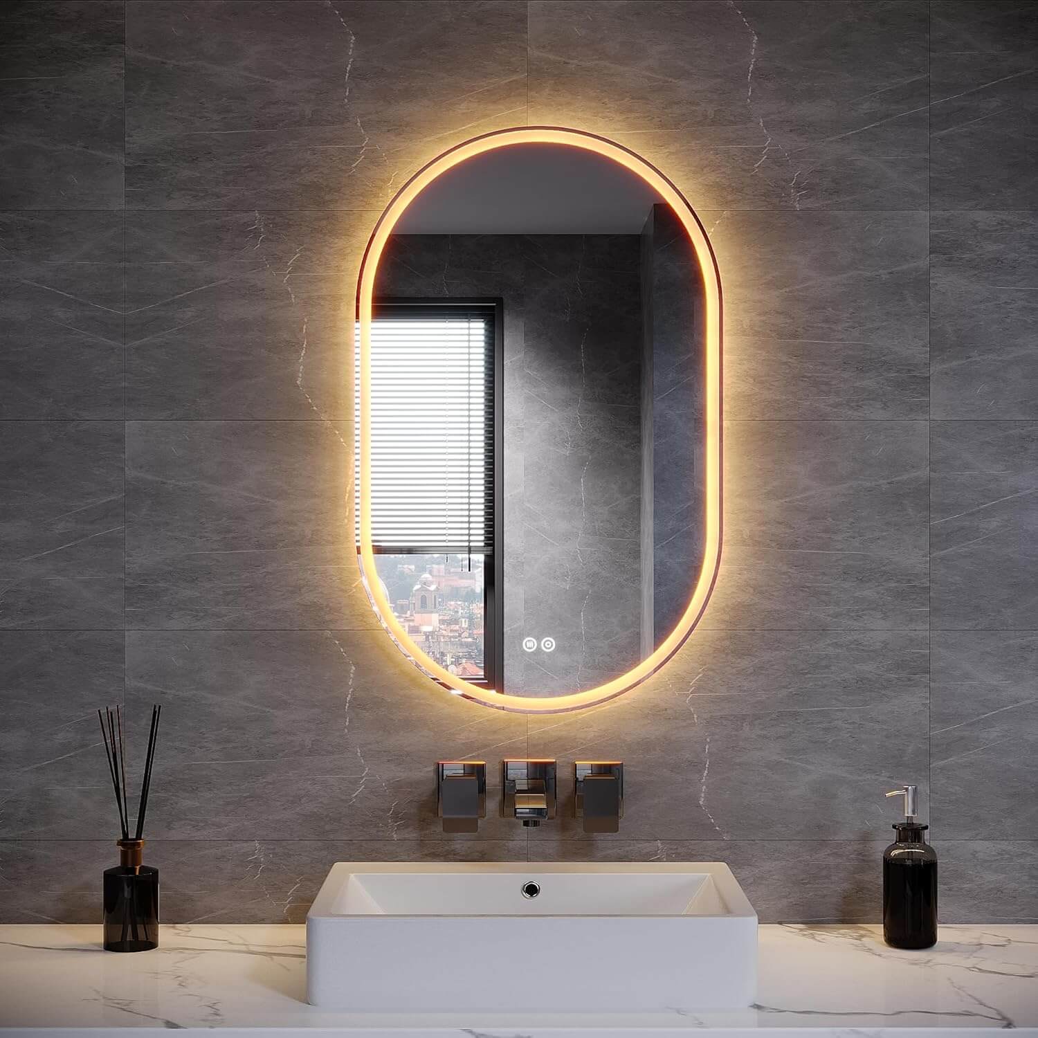 SONNI LED Spiegel  Oval Wandspiegel mit DREI Lichtarten, Antibeschlag, Steckdose und Touch-Schalter, Spiegel Bad mit Beleuchtung Dekorative Wandspiegel Horizontal oder vertikal aufgehängt - Sonni Sanitär GmbH