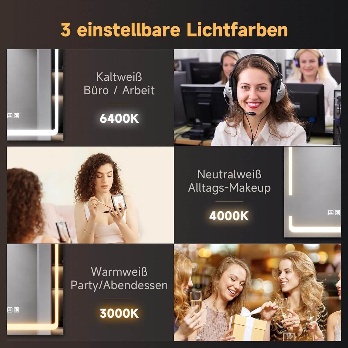 SONNI Spiegelschrank Bad mit Beleuchtung, 3 Lichtfarbe Einstellbar und Beschlagfrei LED Badezimmerschrank mit Kabelloses Scharnier Design Medizinschrank - Sonni Sanitär GmbH