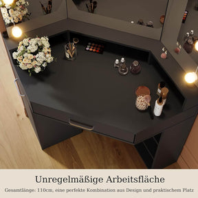 SONNI Eck Schminktisch mit Dreifachspiegel, 111x54x141.5cm, Kosmetiktisch mit Großer Schubladen, Auszugsschrank, Regale, 3 Offene Fächer, Moderner Frisiertisch für Schlafzimmer