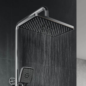 SONNI Duschsystem mit Thermostat (KTW/WRAS) Chrom - 360° Drehbarer Eckiger Kopfbrause (1 Strahlart), Handbrause (3 Strahlarten), Brausestange aus Runde, Duschset, 38°C Konstanttemperatur, Edelstahl
