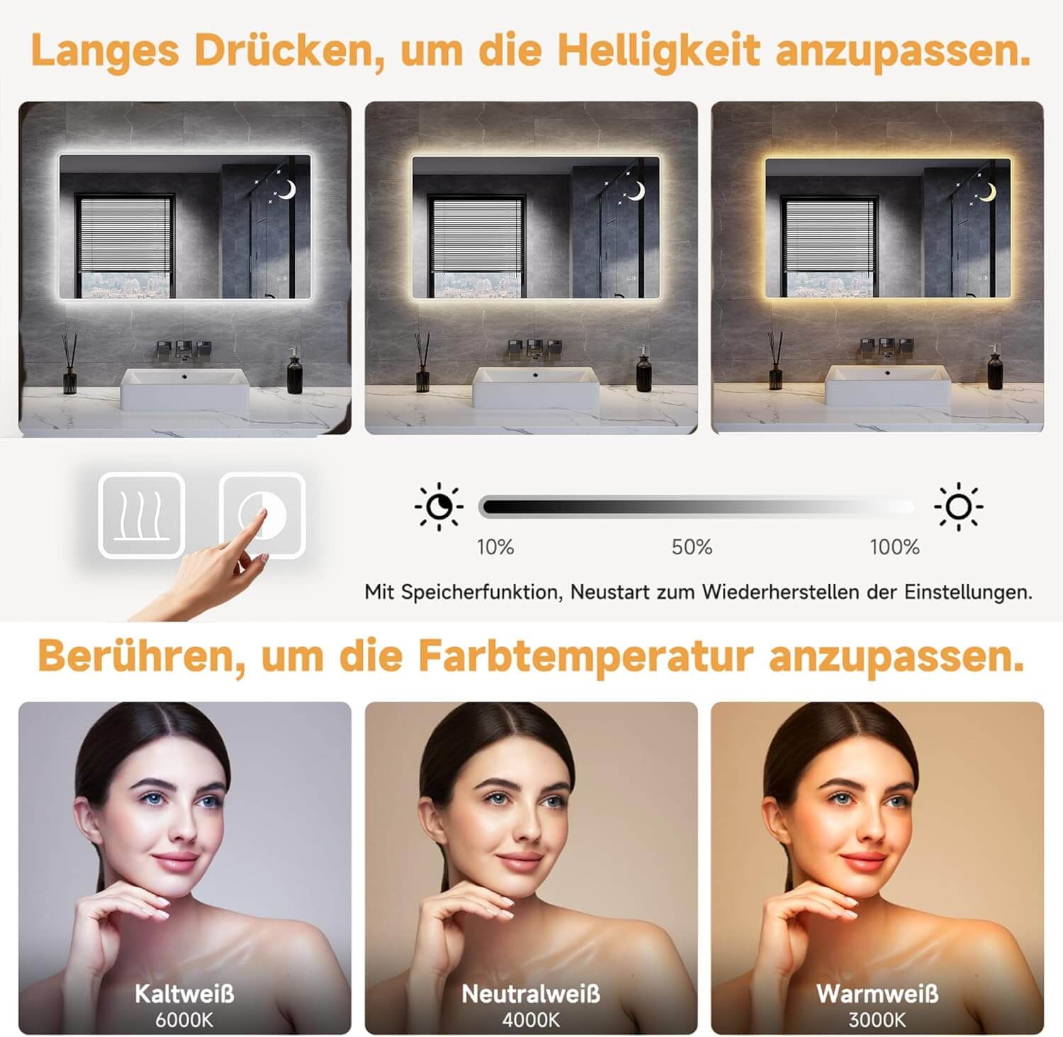 SONNI Badezimmer Spiegel mit Beleuchtung Wandspiegel, Kosmetikspiegel mit modernes Muster, 3 Farbe einstellbar, Steckdose und Antibeschlag, horizontal oder vertikal montierbar - Sonni Sanitär GmbH