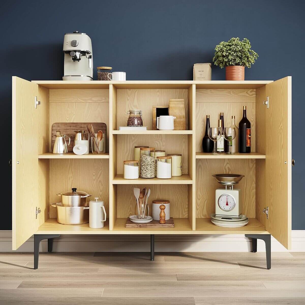 SONNI Sideboard, Küchenschrank, Aufbewahrungsschrank mit 2 Tür, 3 offene Regal, Bauernhaus-Kaffeebarschrank, Mehrzweckschrank, für Wohnzimmer, Küche, Schlafzimmer, Esszimmer, 120x35 x93 cm, Holzfarbe