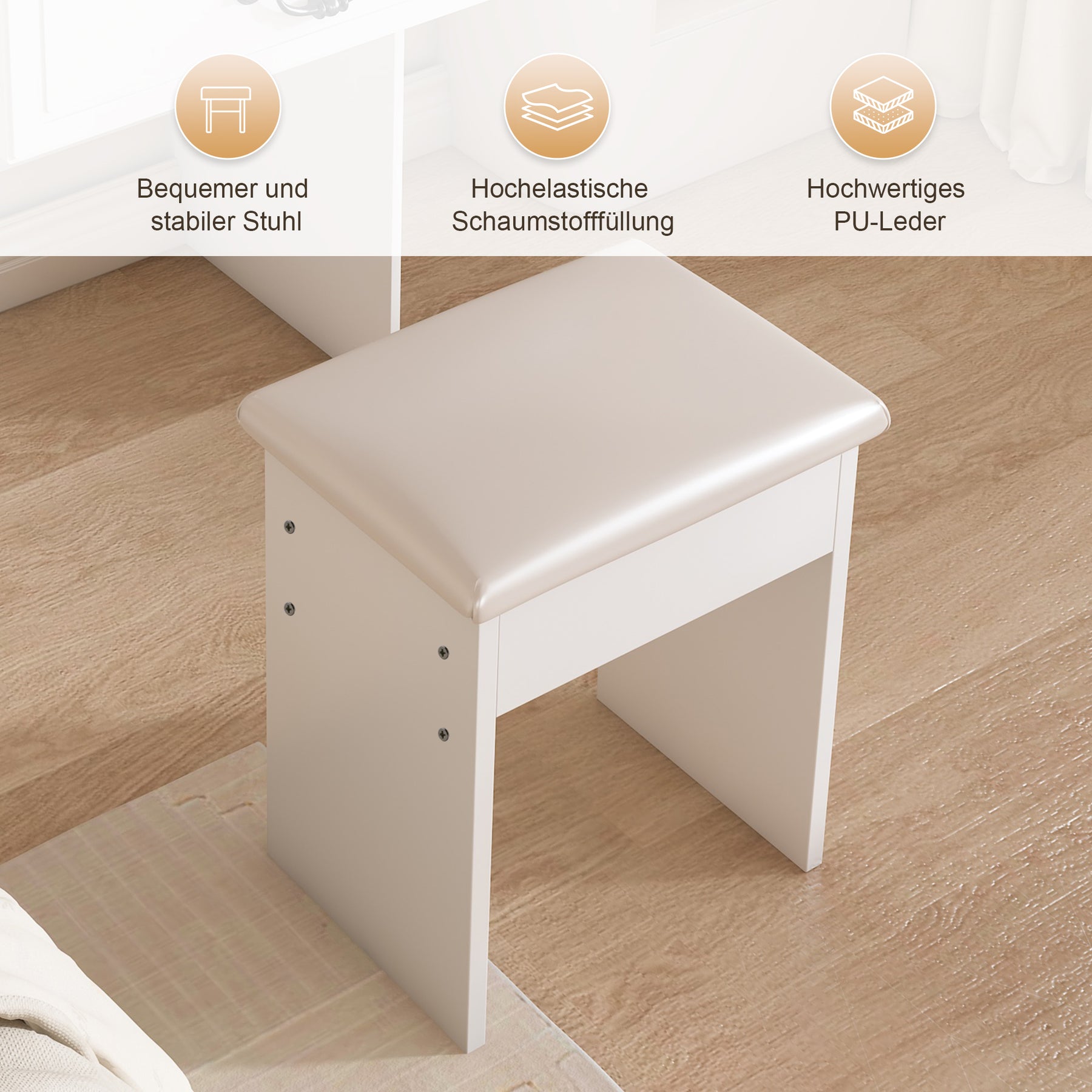 SONNI modernes minimalistisches Schminktisch Set mit dimmbarem LED Spiegel verstecktem Stauraum inkl gepolstertem Hocker Weiß 60× 36×131 cm