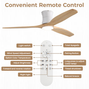 SONNI Deckenventilator mit Beleuchtung und Fernbedienung, 132 cm moderner Ventilator mit 3 Massivholzflügeln, leisem DC-Motor und 6 Geschwindigkeitsstufen