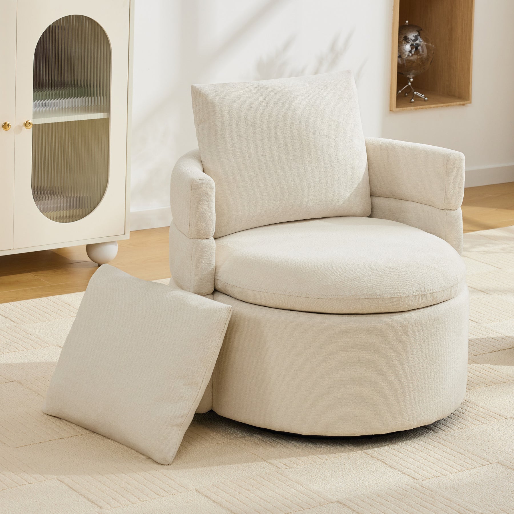 SONNI Drehsessel 360° drehbar mit Stauraum, moderner Chenille Polstersessel mit bequemem Rückenkissen, 72 x 66,5 x 76 cm
