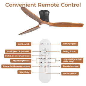 SONNI Deckenventilator mit Beleuchtung und Fernbedienung, 132 cm moderner Ventilator mit 3 Massivholzflügeln, leisem DC-Motor und 6 Geschwindigkeitsstufen