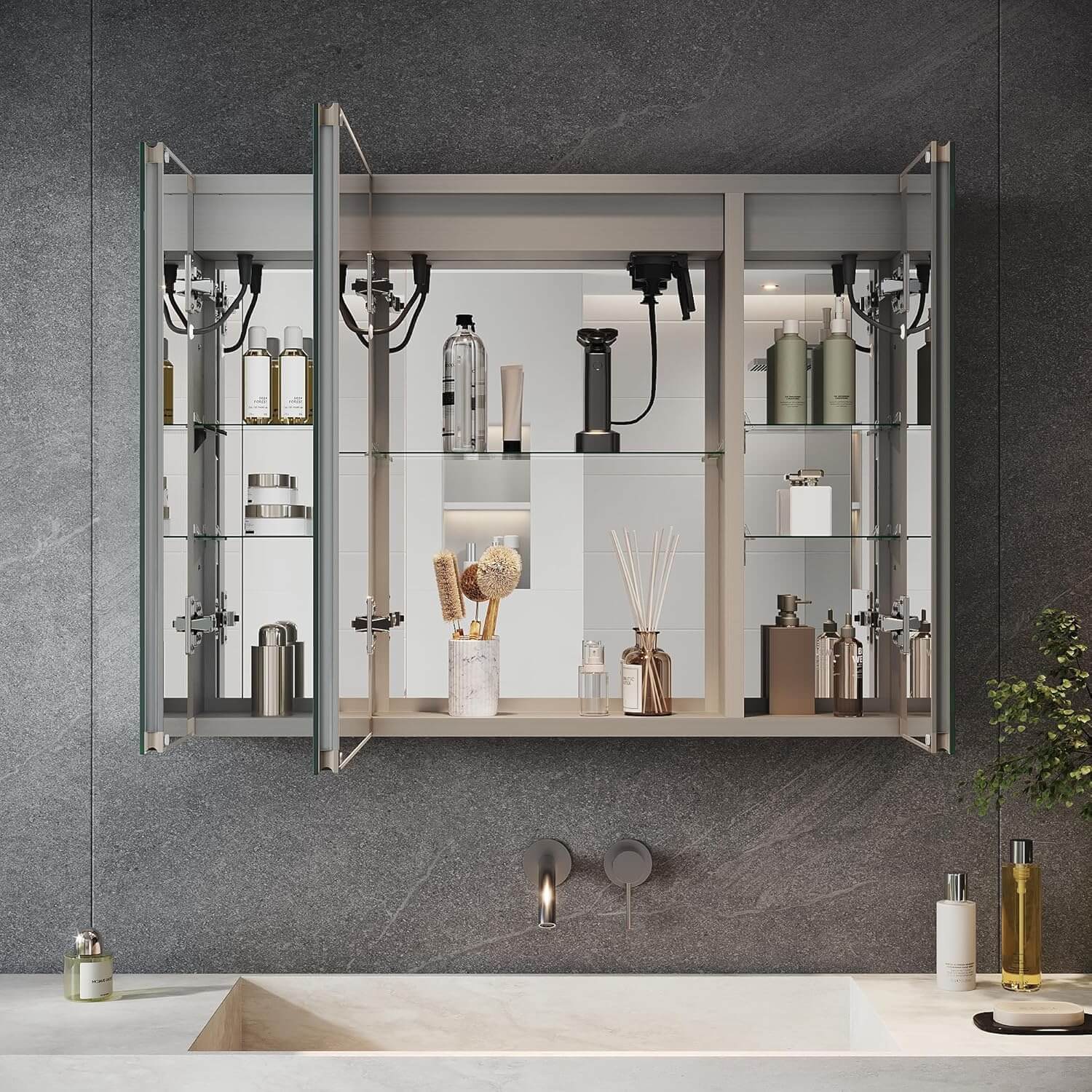 SONNI Spiegelschrank mit Beleuchtung 80x60 cm, 3 Türen LED Spiegelschrank Bad mit Anti-Beschlag, Steckdose, 3 Lichtfarben, Dimmbar, Aluminum, IP44 Wasserciht - Sonni Sanitär GmbH