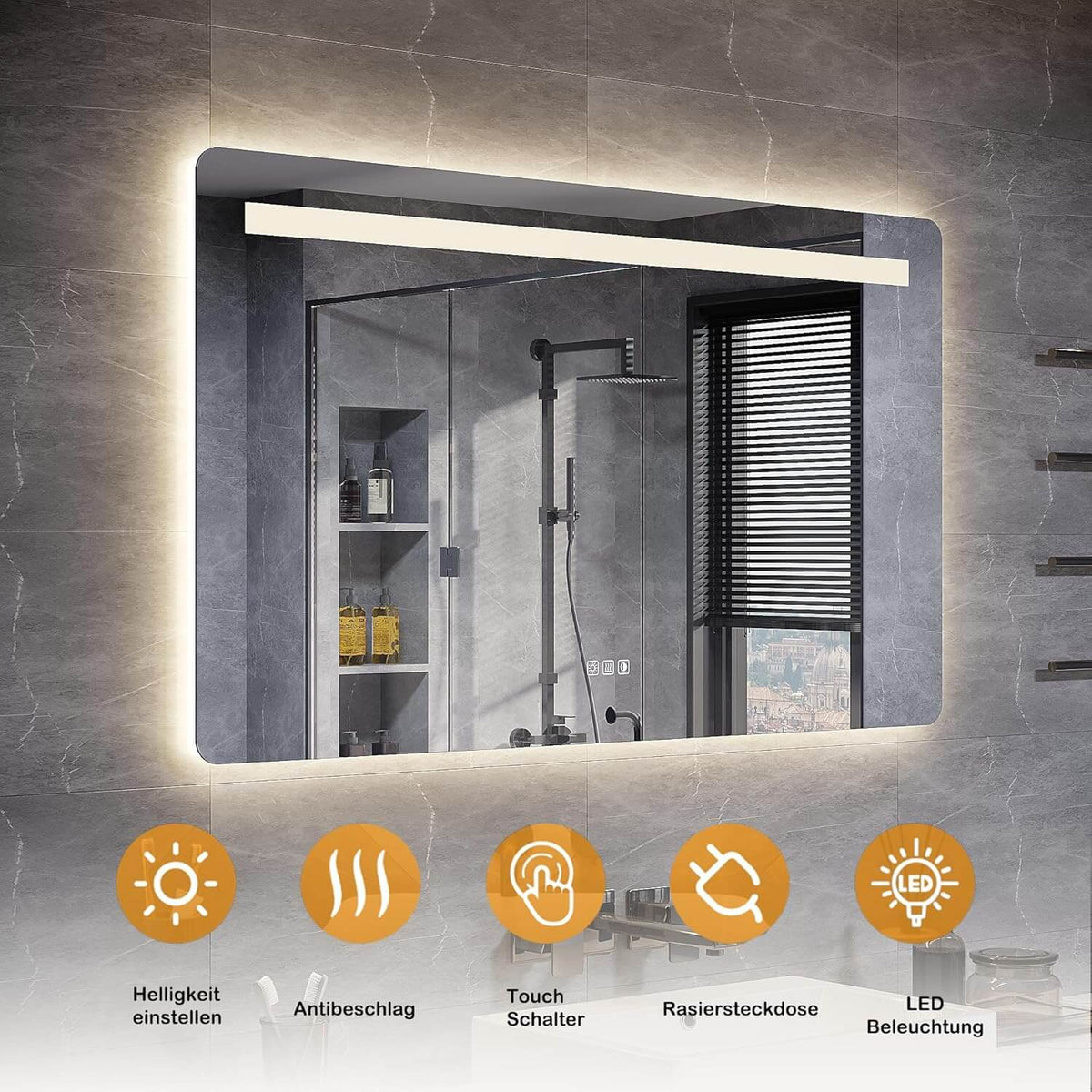SONNI Badezimmerspiegel mit Beleuchtung, Kosmetikspiegel, Wandspiegel, linearem Lichtstreifen, DREI Farbtemperaturen + stufenloses Dimmen + Steckdose, beschlagfrei, Dual-Touch, Badspiegel - Sonni Sanitär GmbH