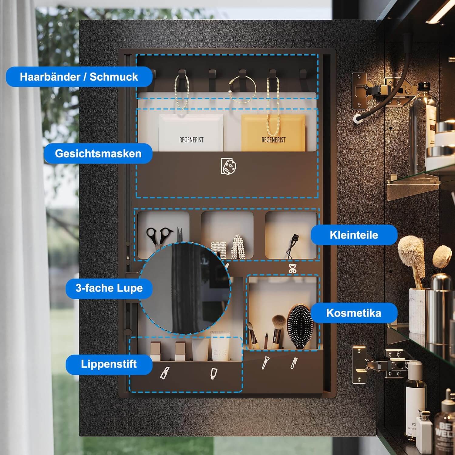 SONNI LED Spiegelschrank mit Kosmetik-Organizer 50x70 cm, Steckdose & 3-fache Vergrößerungsspiegel, 3 Lichtfarben, Dimmbar - Dunkelgrau - Sonni Sanitär GmbH
