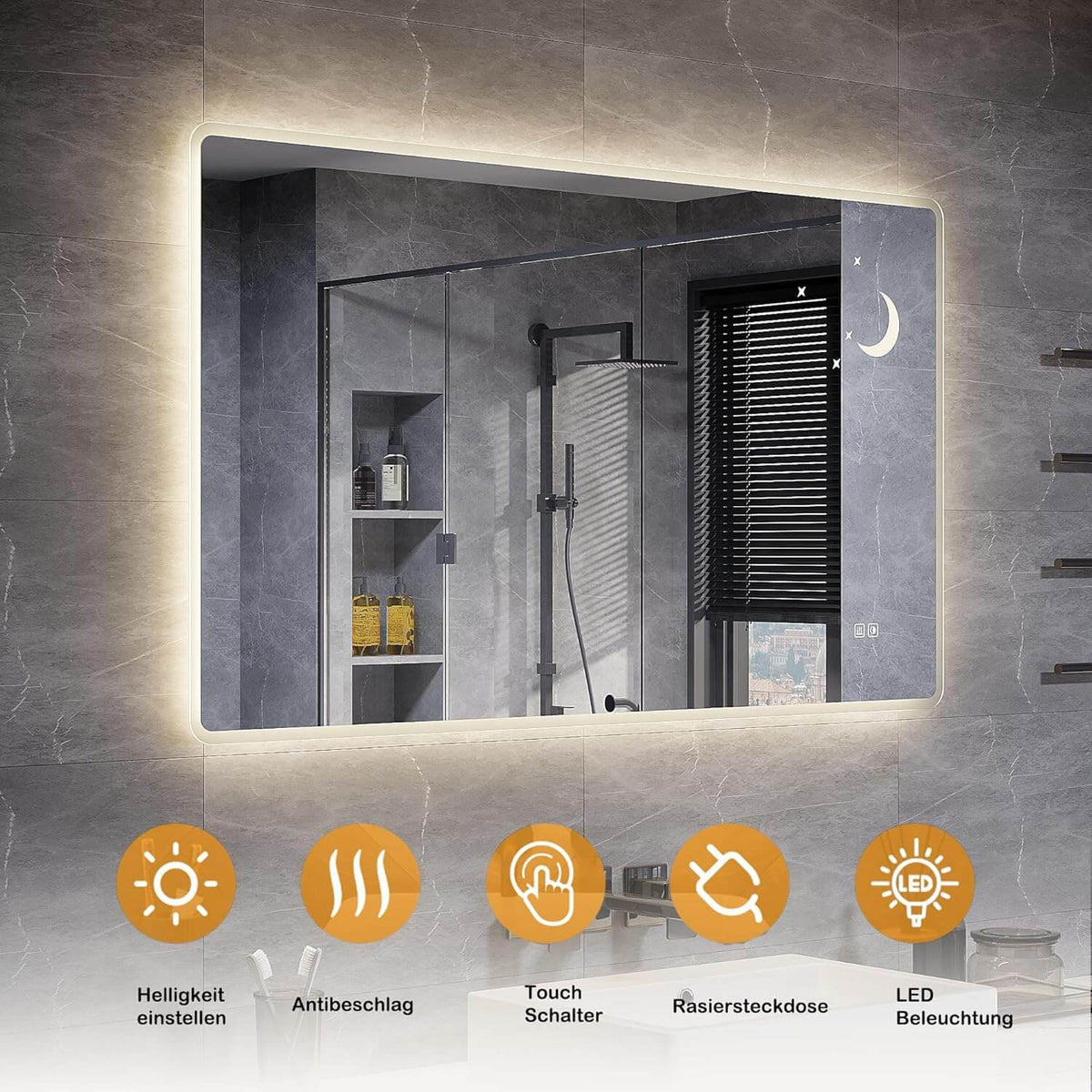 SONNI Badezimmer Spiegel mit Beleuchtung Wandspiegel, Kosmetikspiegel mit modernes Muster, 3 Farbe einstellbar, Steckdose und Antibeschlag, horizontal oder vertikal montierbar - Sonni Sanitär GmbH