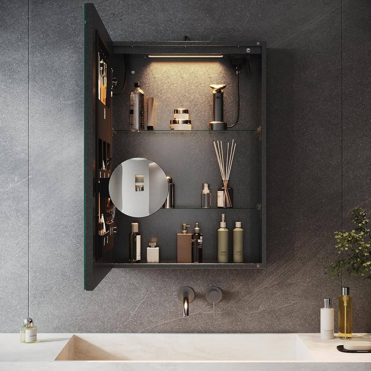 SONNI LED Spiegelschrank mit Kosmetik-Organizer 50x70 cm, Steckdose & 3-fache Vergrößerungsspiegel, 3 Lichtfarben, Dimmbar - Dunkelgrau - Sonni Sanitär GmbH