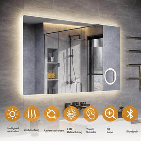 SONNI LED Badspiegel  Wandspiegel Bad mit Beleuchtung, 3 Farbe modi+Stufenlose Dimmung, Steckdose, Bluetooth und 3X Lupe, Kosmetikspiegel mit Anti-Beschlag und Touch-Schalter - Sonni Sanitär GmbH