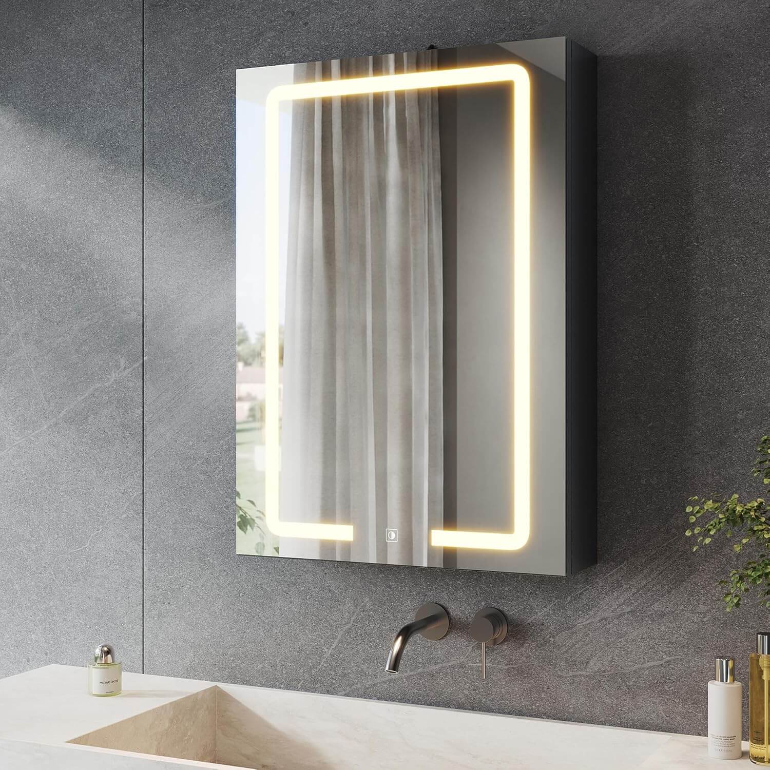 SONNI LED Spiegelschrank mit Kosmetik-Organizer 50x70 cm, Steckdose & 3-fache Vergrößerungsspiegel, 3 Lichtfarben, Dimmbar - Dunkelgrau - Sonni Sanitär GmbH