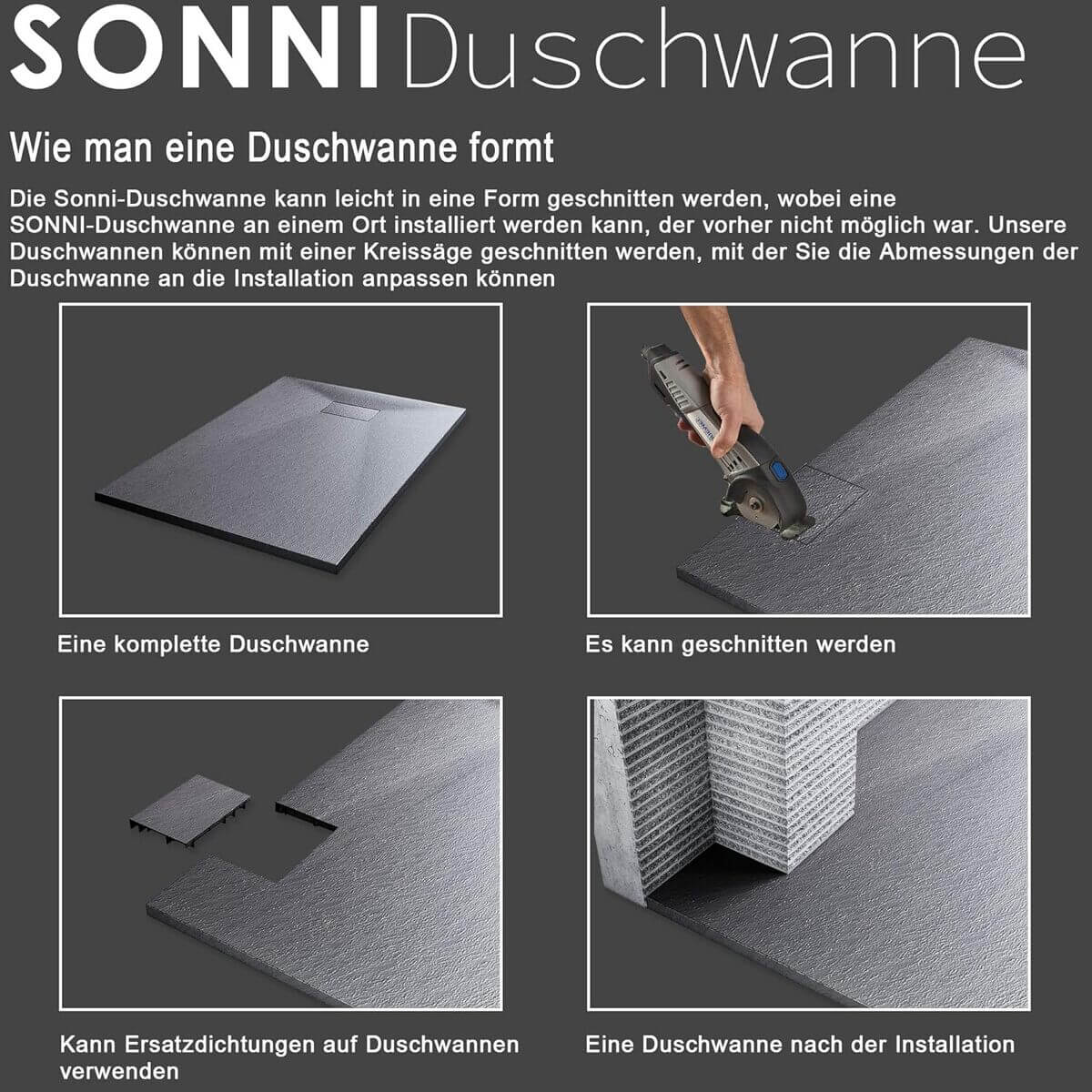 SONNI Duschwanne Schieferoptik und Rutschfeste Struktur Schwarz Duschtasse flach (Inklusive Siphon)