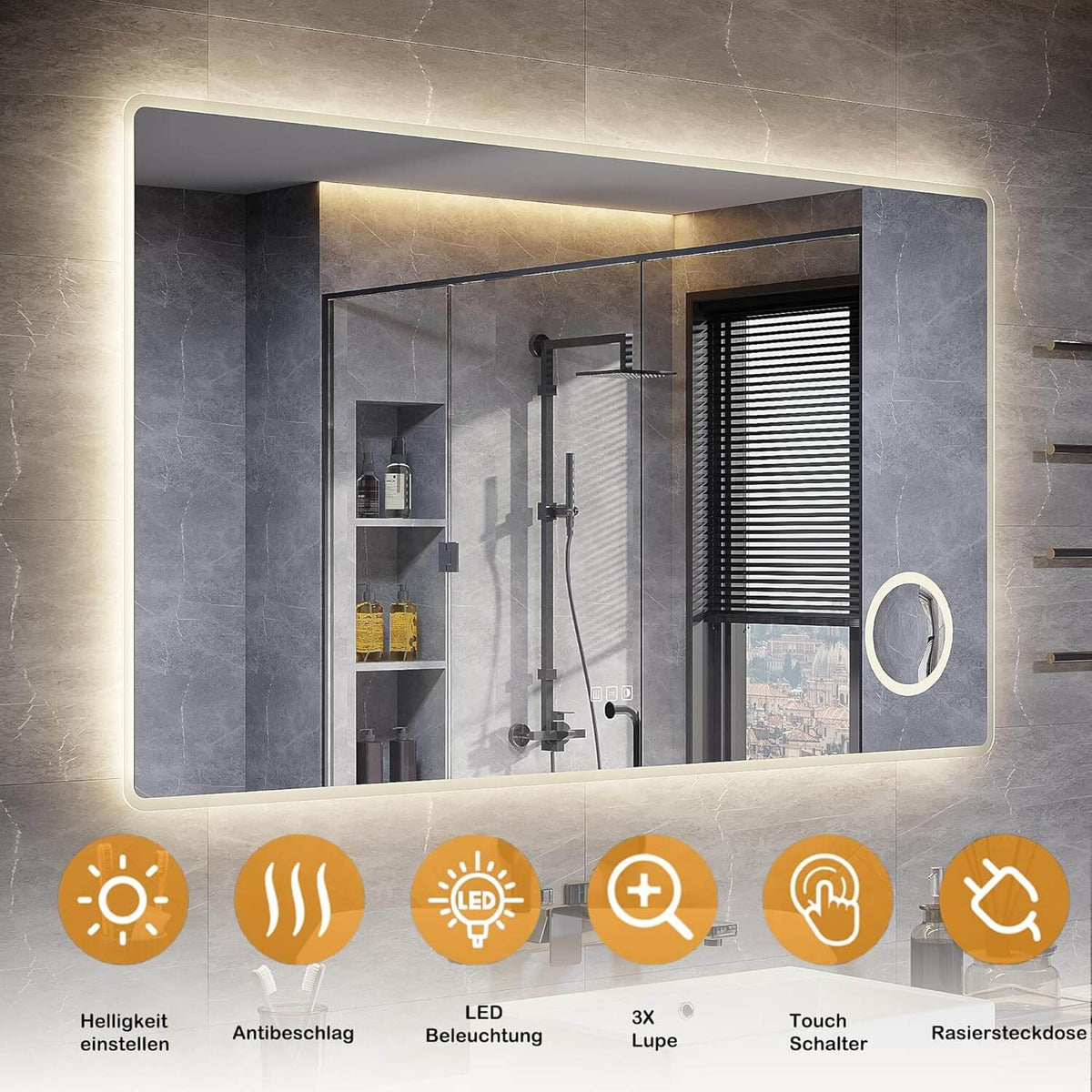 SONNI LED Badspiegel 80 x 60 cm Spiegel Bad mit Beleuchtung, 3 Farbe modi, Steckdose, 3X Lupe, Anti-Beschlag und Touch-Schalter Wandspiegel Kosmetikspiegel - Sonni Sanitär GmbH