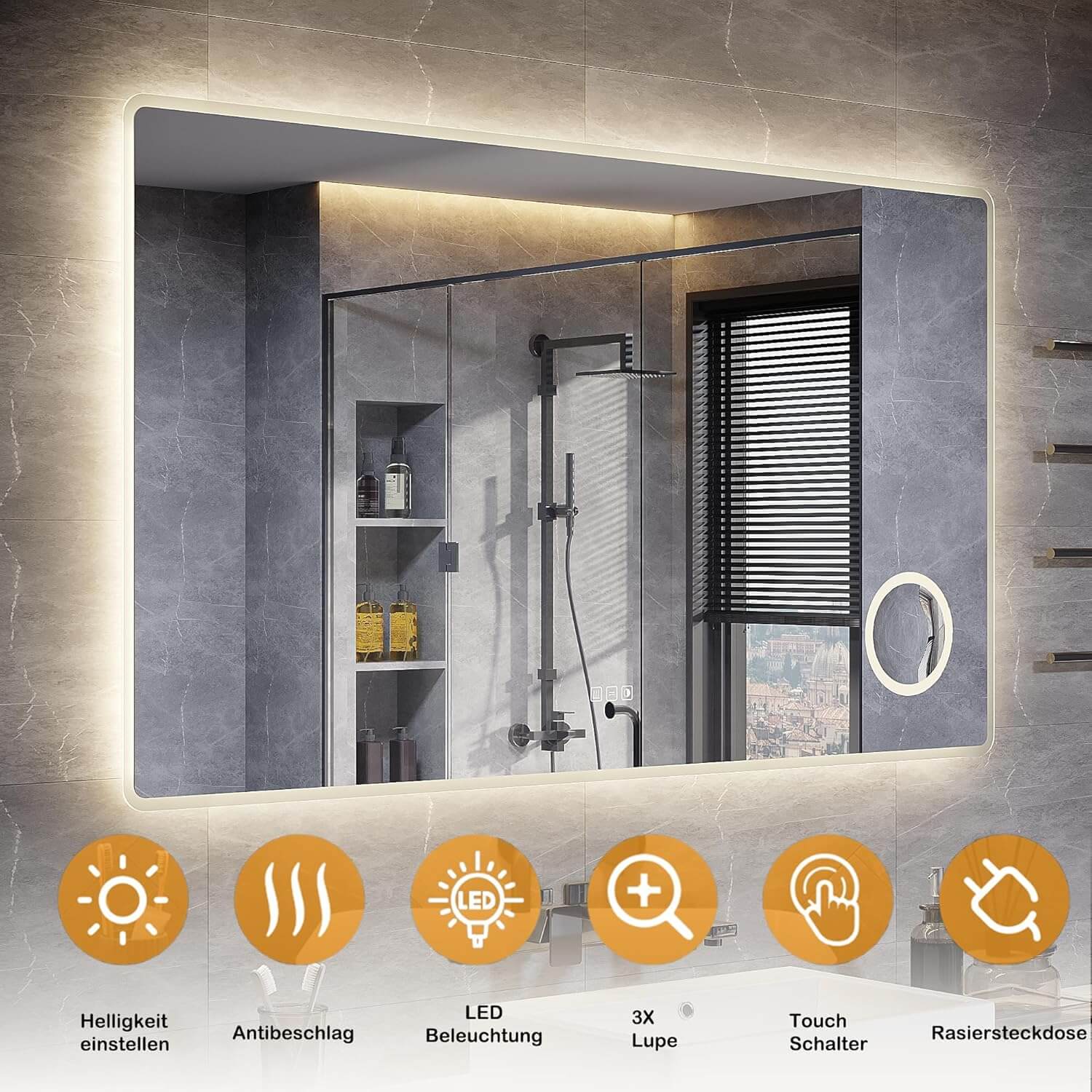 SONNI LED Badspiegel 80 x 60 cm Spiegel Bad mit Beleuchtung, 3 Farbe modi, Steckdose, 3X Lupe, Anti-Beschlag und Touch-Schalter Wandspiegel Kosmetikspiegel - Sonni Sanitär GmbH