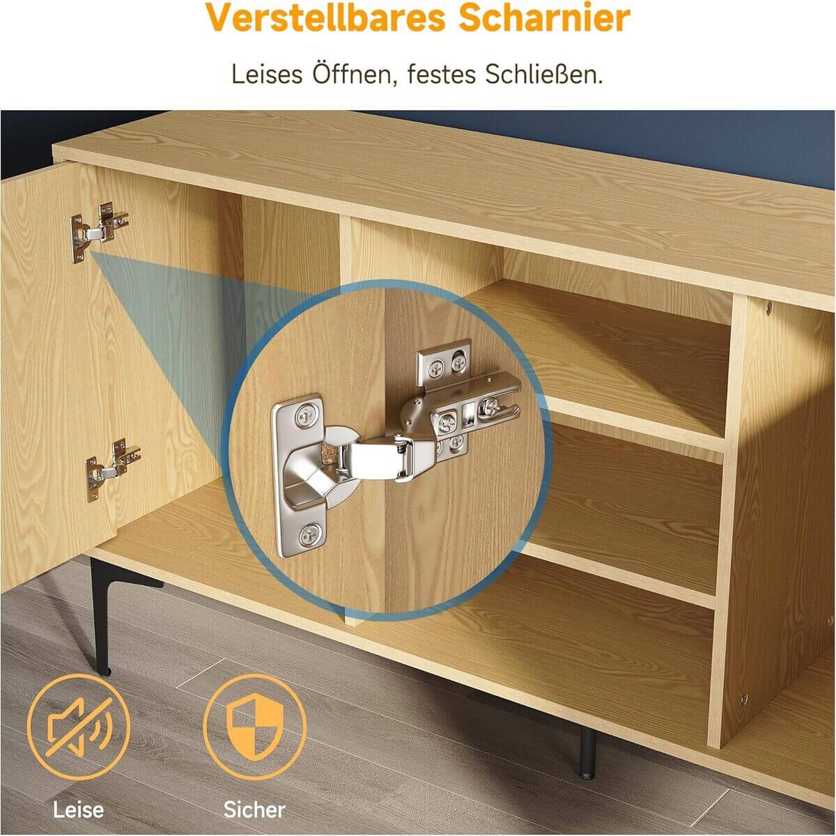 SONNI TV-Schrank, Fernsehtisch, TV-Regal, Lowboard für TV 60 Zoll, mit 2 Schränken, 3 offenen Fächern, 2 Kabellöcher, Metallfüße, für Wohnzimmer, Esszimmer und Schlafzimmer,135x35x70cm, Holzfarbe