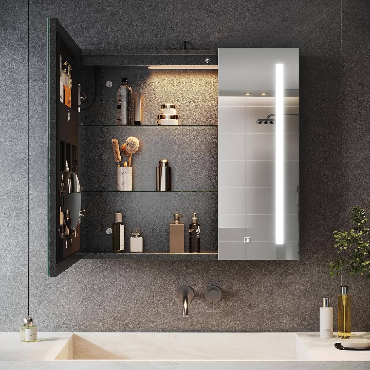 SONNI Spiegelschrank Bad mit Beleuchtung und Make-up Ablage 70x65 cm, Steckdose & 3-fache Vergrößerungsspiegel, 3 Lichtfarben, Dimmbar - Dunkelgrau - Sonni Sanitär GmbH