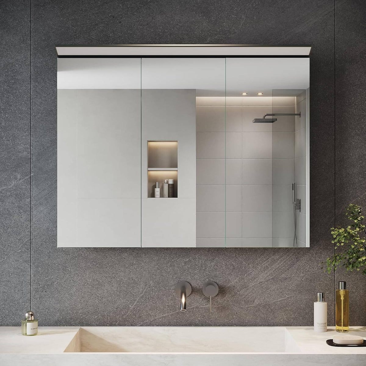 SONNI Spiegelschrank Bad mit Beleuchtung 80 x 60 cm, Edelstahl Medizinschrank IP44 Wasserciht, Spiegelleuchte mit Kaltweißem Licht und Wandschalter für Badezimmer - Sonni Sanitär GmbH