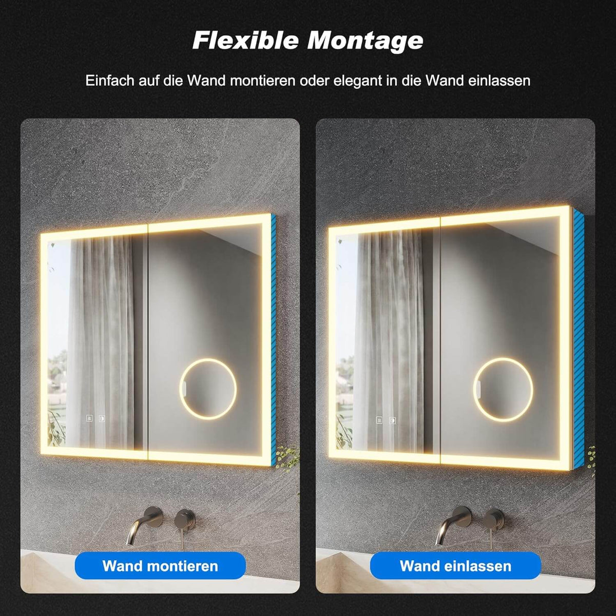 SONNI LED Spiegelschrank Bad mit 3-fache Vergrößerungsspiegel und Steckdose 65 x 60 cm, Aluminum Spiegelschrank mit Touch-Schalter, 3 Lichtfarben + Defogging, IP44 wasserciht - Sonni Sanitär GmbH