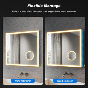 SONNI LED Spiegelschrank Bad mit 3-fache Vergrößerungsspiegel und Steckdose 65 x 60 cm, Aluminum Spiegelschrank mit Touch-Schalter, 3 Lichtfarben + Defogging, IP44 wasserciht - Sonni Sanitär GmbH