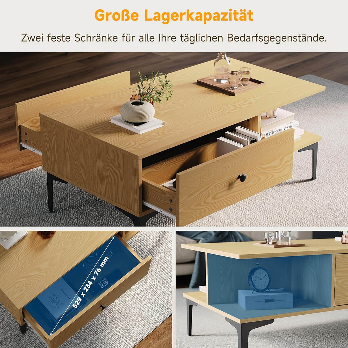 SONNI Couchtisch, Wohnzimmertisch, Kaffeetisch, mit 2 Schublade und 2 offener Fach, modern Holzmöbel für Wohnzimmer, Büro, Schlafzimmer, 100 x 55 x 40 cm, Holzfarbe, Platzsparend, Einfache Montag