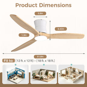 SONNI Deckenventilator mit Beleuchtung und Fernbedienung, 132 cm moderner Ventilator mit 3 Massivholzflügeln, leisem DC-Motor und 6 Geschwindigkeitsstufen
