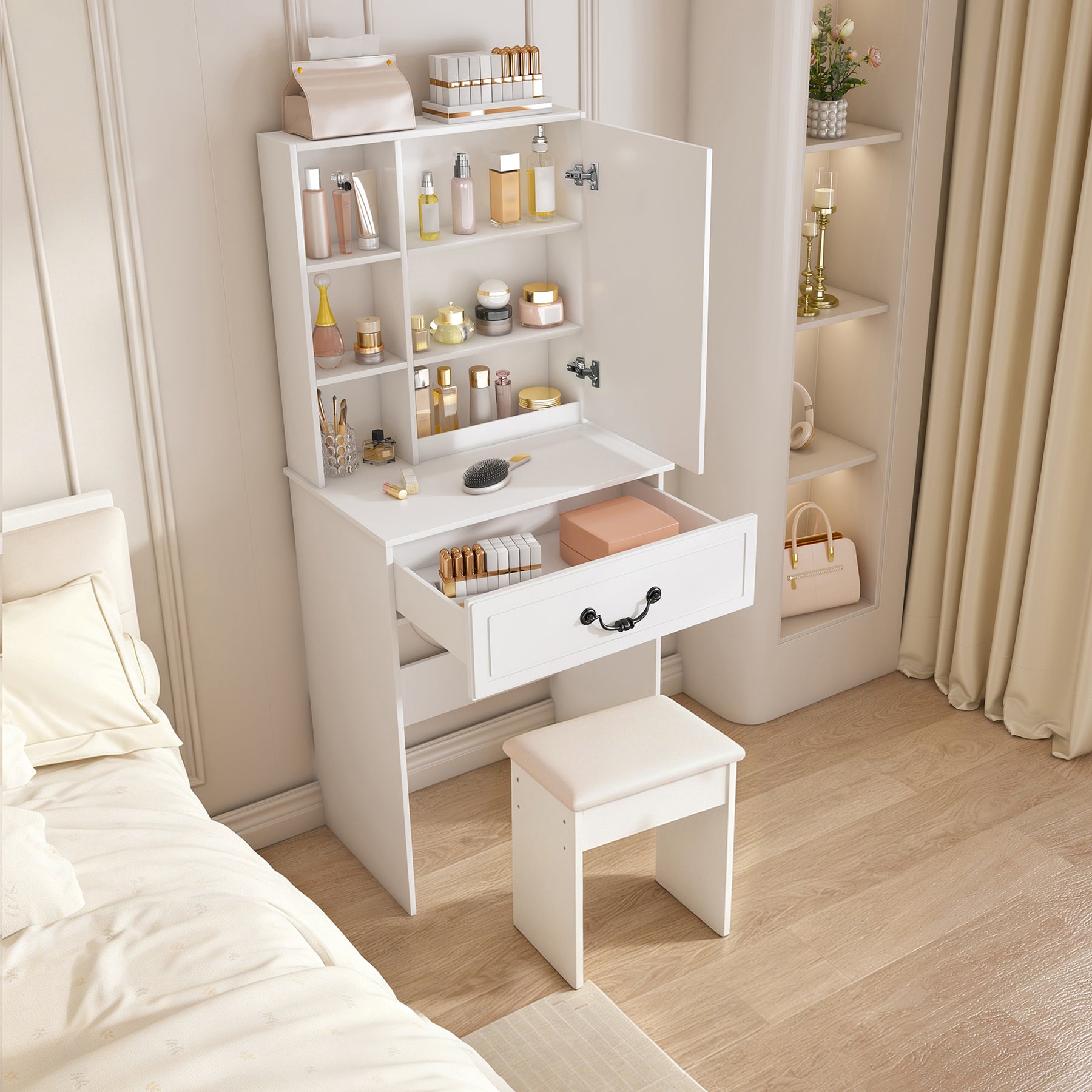 SONNI modernes minimalistisches Schminktisch Set mit dimmbarem LED Spiegel verstecktem Stauraum inkl gepolstertem Hocker Weiß 60× 36×131 cm