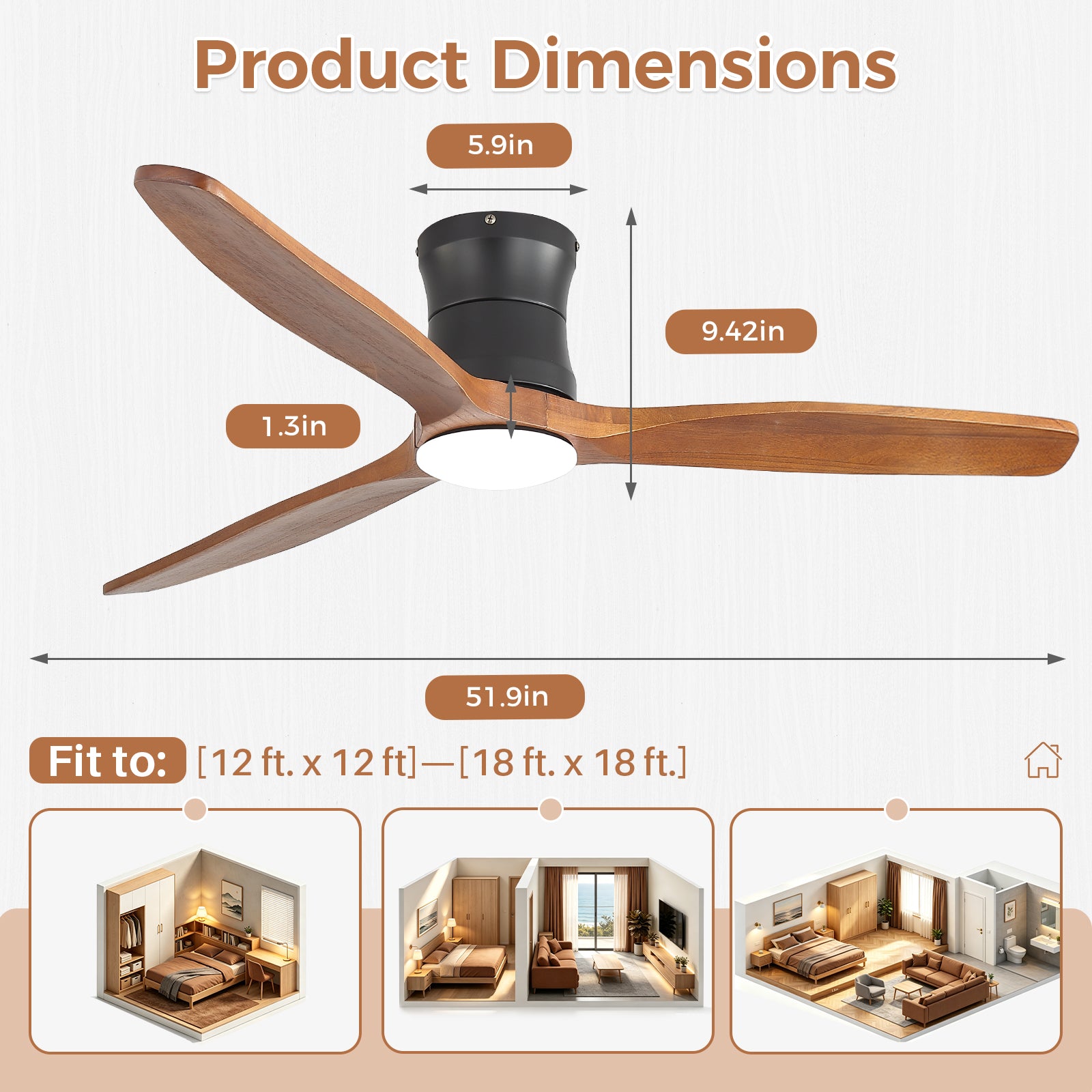 SONNI Deckenventilator mit Beleuchtung und Fernbedienung, 132 cm moderner Ventilator mit 3 Massivholzflügeln, leisem DC-Motor und 6 Geschwindigkeitsstufen