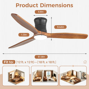 SONNI Deckenventilator mit Beleuchtung und Fernbedienung, 132 cm moderner Ventilator mit 3 Massivholzflügeln, leisem DC-Motor und 6 Geschwindigkeitsstufen
