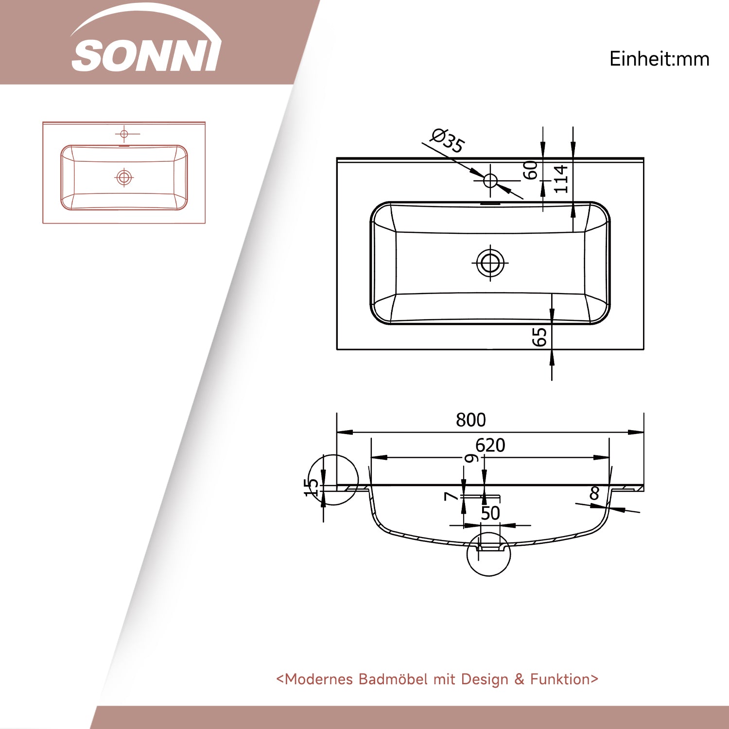 SONNI Waschtisch Badmöbel Set mit Quarz Kunststein Waschbecken, LED Sensorbeleuchtung Push Open Türen 79 x 49,5 x 45 cm