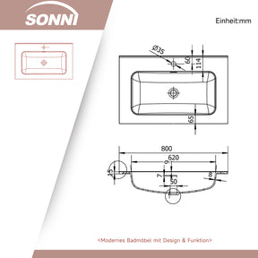 SONNI Waschtisch Badmöbel Set mit Quarz Kunststein Waschbecken, LED Sensorbeleuchtung Push Open Türen 79 x 49,5 x 45 cm