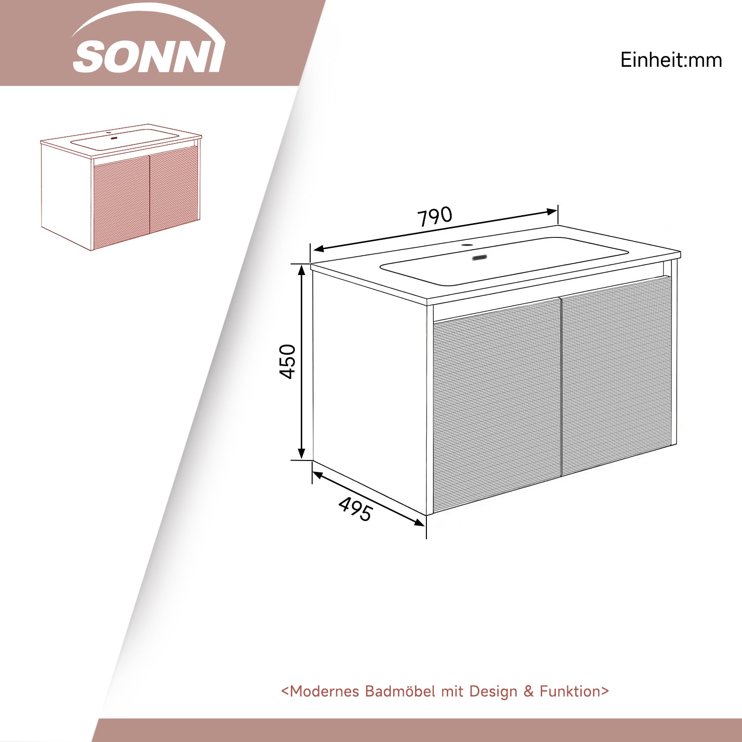 SONNI Waschtisch Badmöbel Set mit Quarz Kunststein Waschbecken, LED Sensorbeleuchtung Push Open Türen 79 x 49,5 x 45 cm