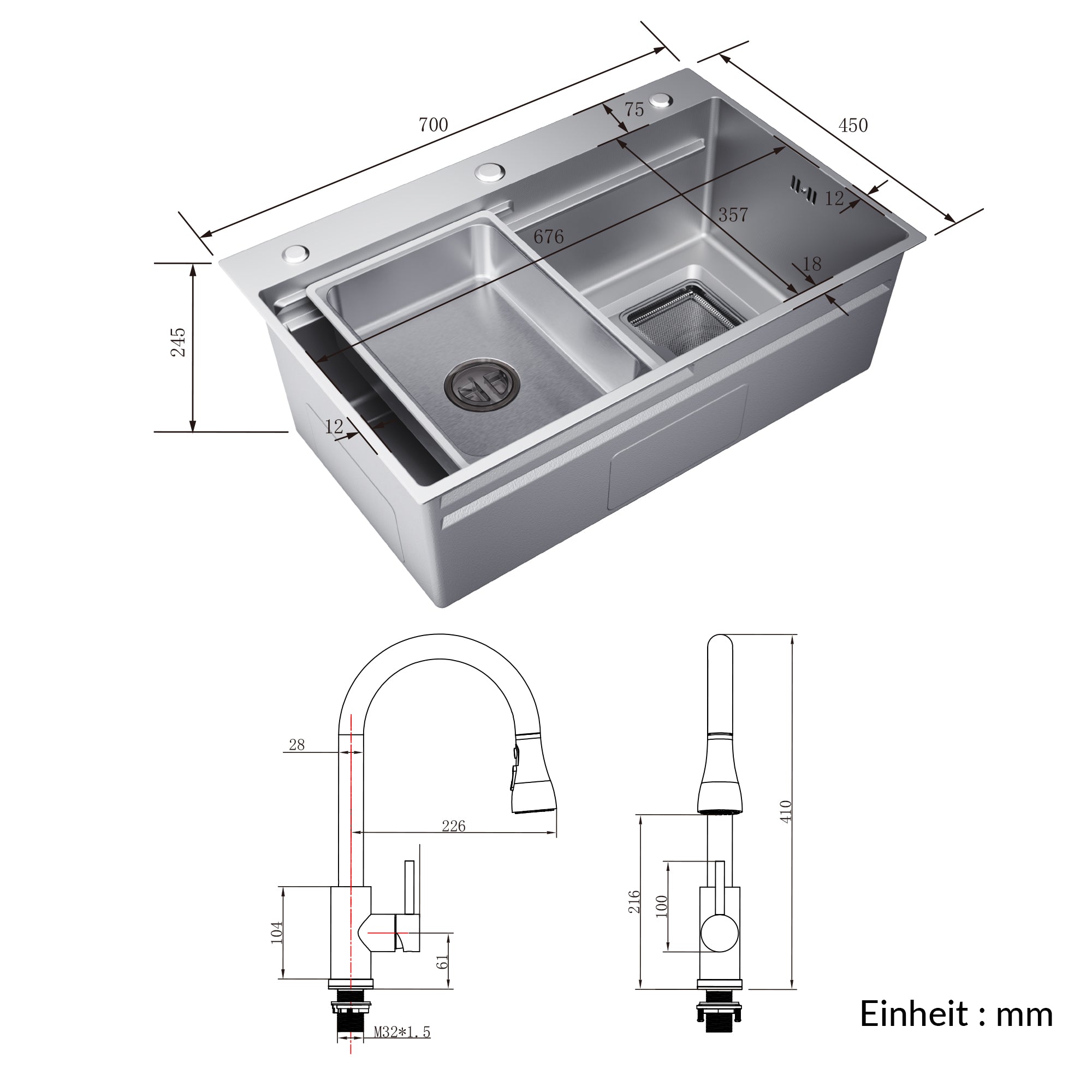 SONNI Spülbecken Küchenspüle 304 Edelstahl Waschbecken 70×45 cm, Einbauspüle mit 1 Becken,Wasserhahn,Unterbauspüle, Nanosilber/Diamantschwarz, inkl. Abtropfkorb & Abflusssieb, 3-Loch Breitkante