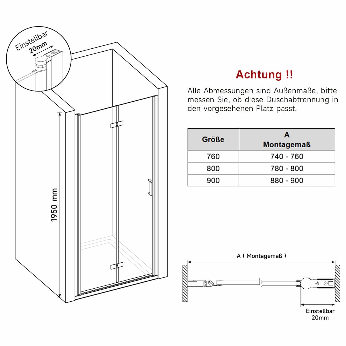 SONNI Duschtür 76/80/90x195 cm Duschwand Falttür 6mm ESG Sicherheitsglas Nano Beschichtung Dusche Faltbar Duschtrennwand Duschabtrennung