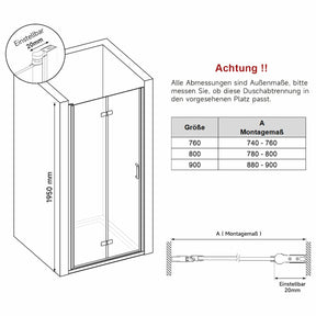 SONNI Duschtür 76/80/90x195 cm Duschwand Falttür 6mm ESG Sicherheitsglas Nano Beschichtung Dusche Faltbar Duschtrennwand Duschabtrennung