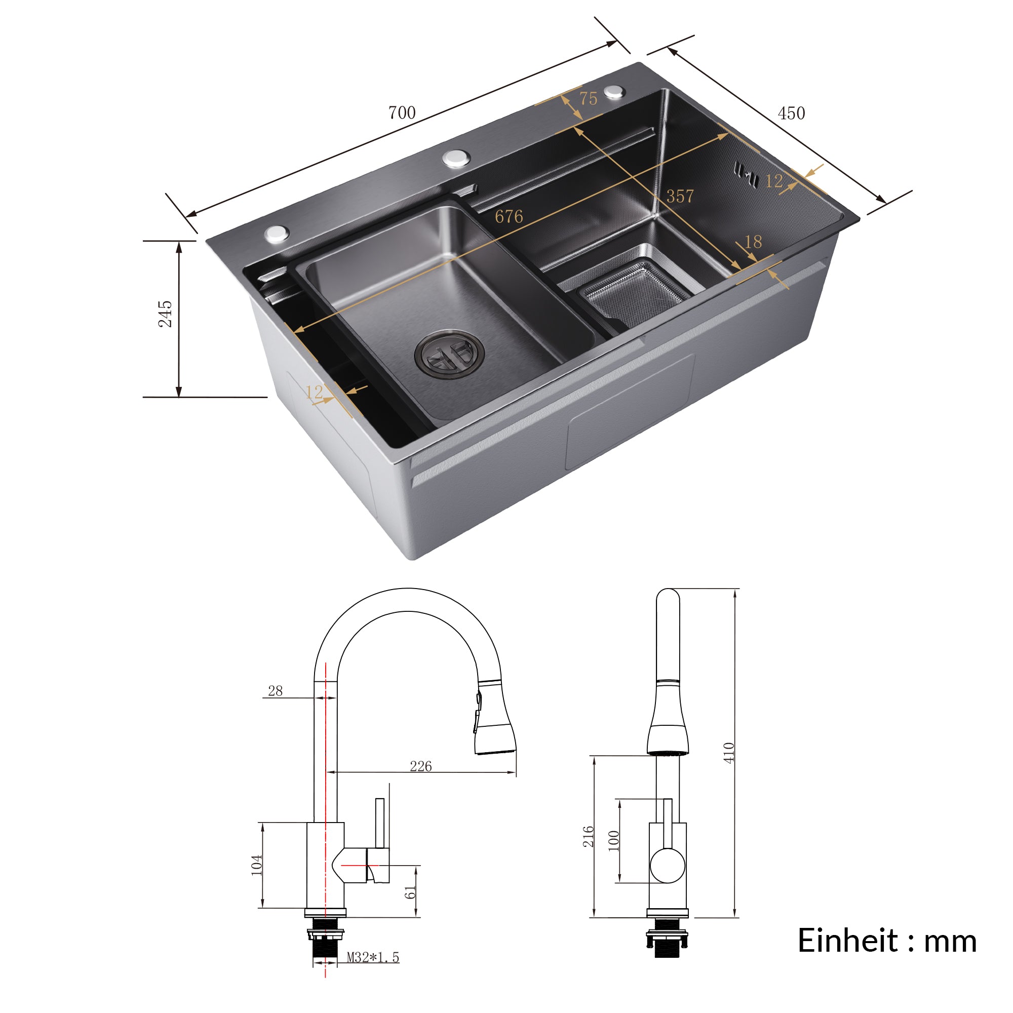 SONNI Spülbecken Küchenspüle 304 Edelstahl Waschbecken 70×45 cm, Einbauspüle mit 1 Becken,Wasserhahn,Unterbauspüle, Nanosilber/Diamantschwarz, inkl. Abtropfkorb & Abflusssieb, 3-Loch Breitkante
