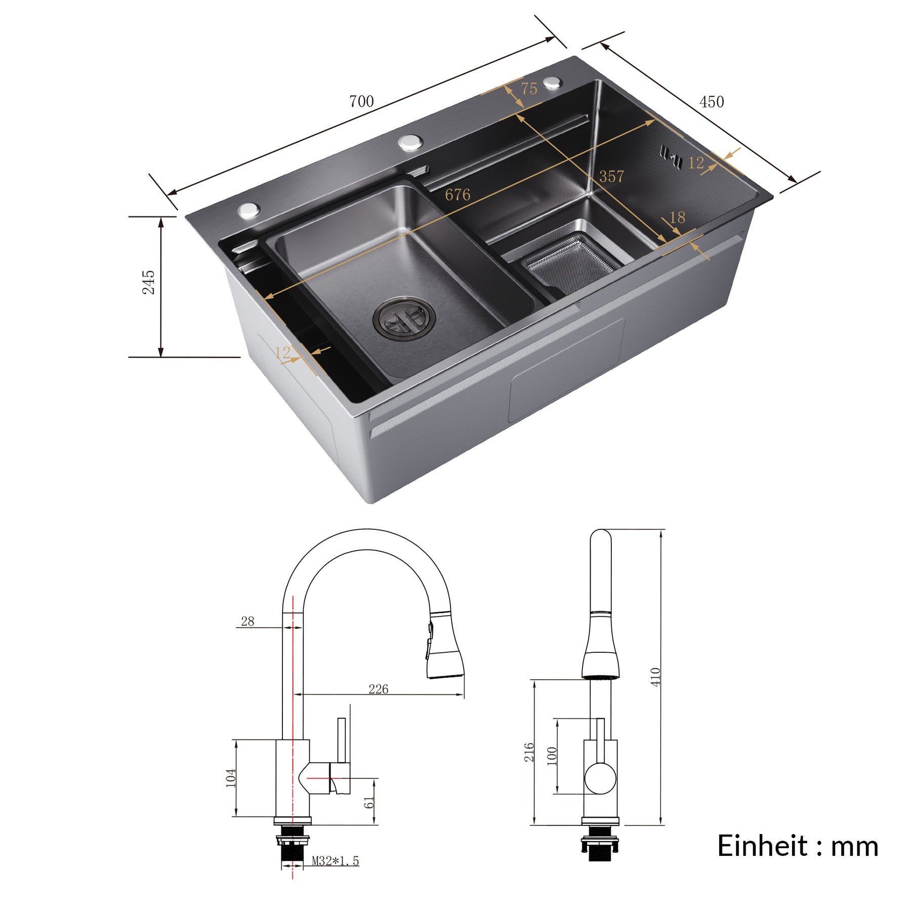 SONNI Spülbecken Küchenspüle 304 Edelstahl Waschbecken 70×45 cm, Einbauspüle mit 1 Becken,Wasserhahn,Unterbauspüle, Nanosilber/Diamantschwarz, inkl. Abtropfkorb & Abflusssieb, 3-Loch Breitkante