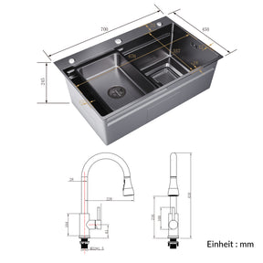 SONNI Spülbecken Küchenspüle 304 Edelstahl Waschbecken 70×45 cm, Einbauspüle mit 1 Becken,Wasserhahn,Unterbauspüle, Nanosilber/Diamantschwarz, inkl. Abtropfkorb & Abflusssieb, 3-Loch Breitkante