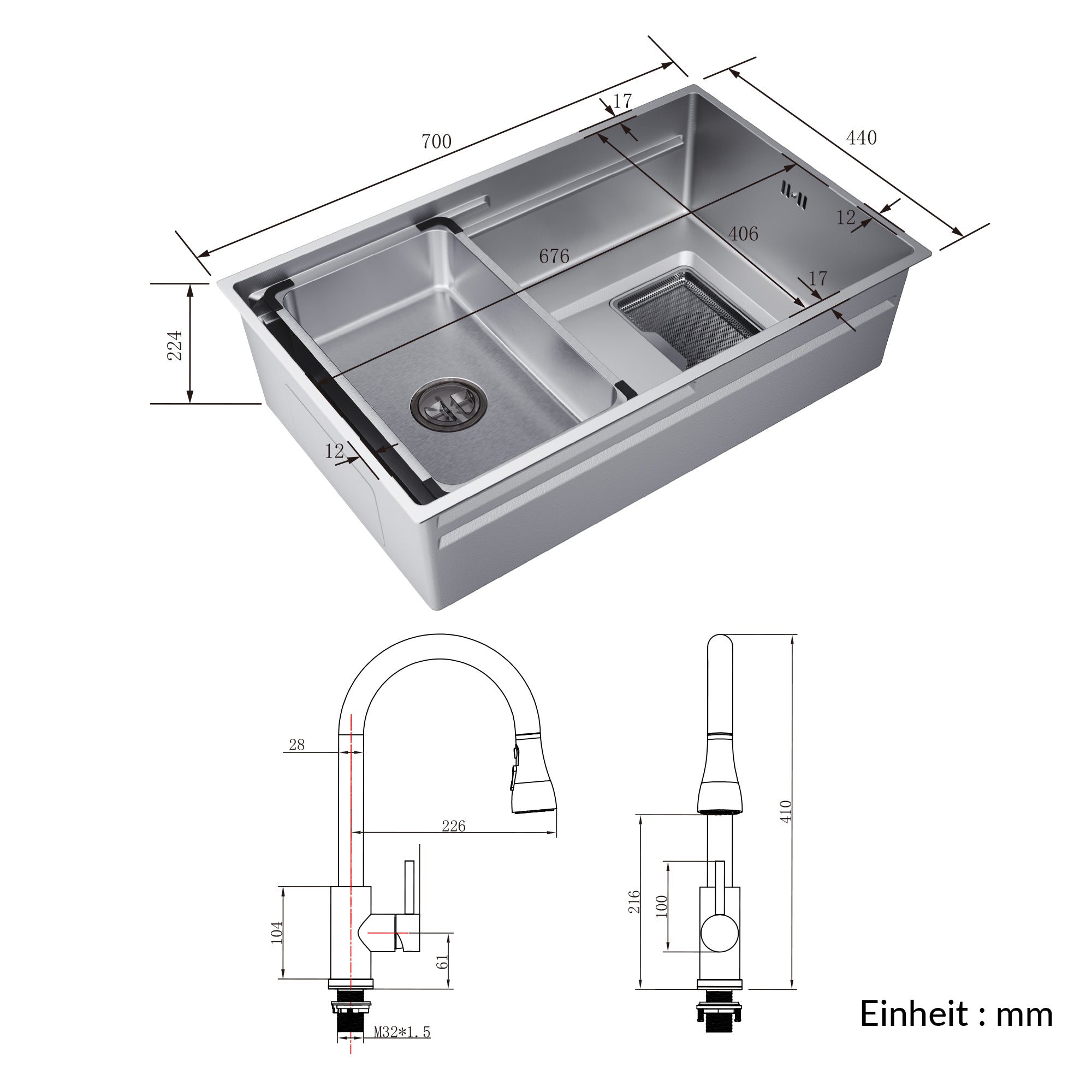 SONNI Küchenspüle Waschbecken Edelstahl 304, Nanosilber/Diamantschwarz, 70x44 cm, Einbauspüle mit 1 Becken,Wasserhahn,Unterbauspüle mit Abtropfkorb und Rechteckigem Abfallsieb