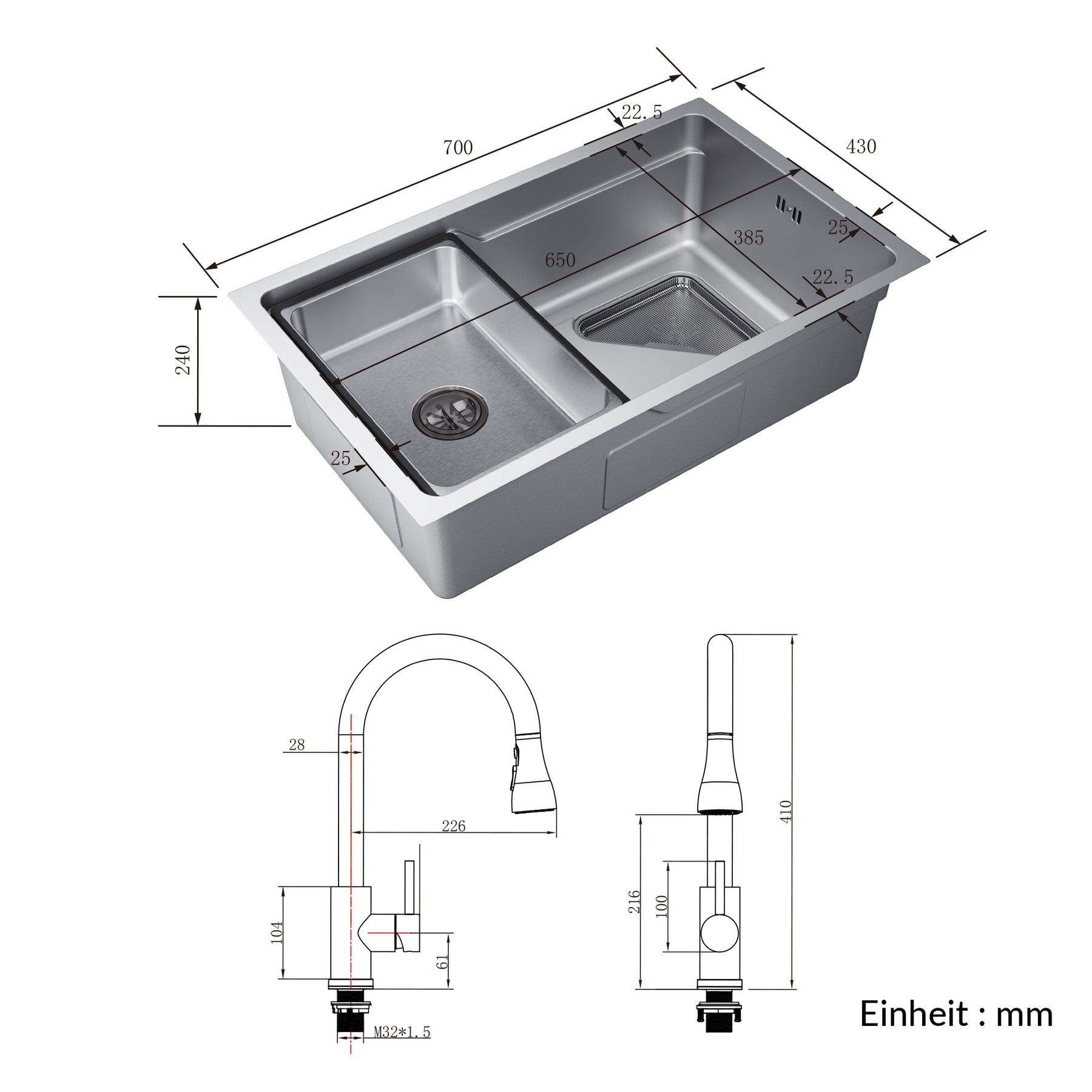 SONNI Waschbecken Küchenspüle 304 SUS Edelstahl, 70×43 cm, Einbauspüle mit 1 Becken,Wasserhahn,Unterbauspüle, mit Abtropfkorb und Dreieckigem Abfallsieb, Schmale Seite