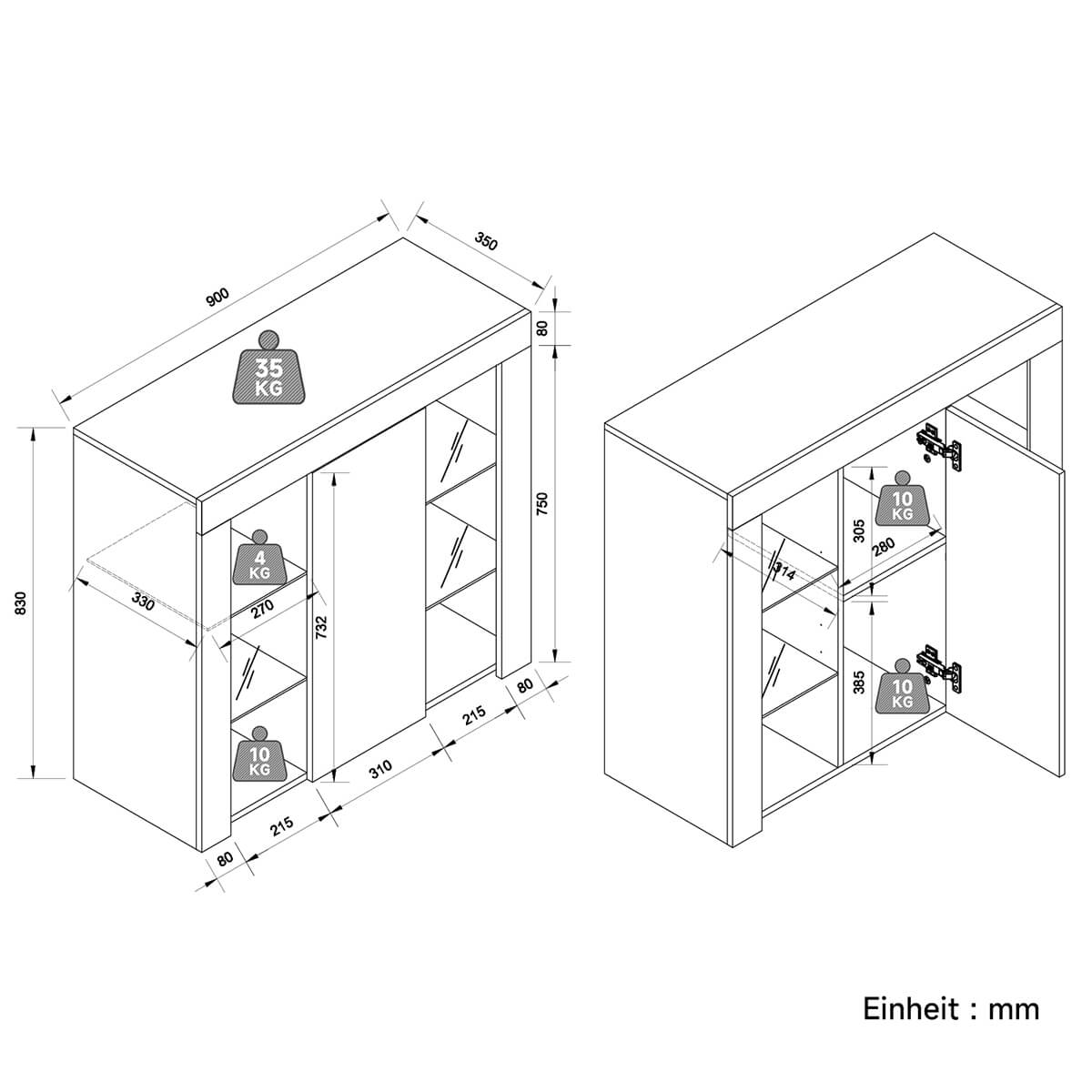 SONNI Sideboard, Küchenschrank, mit LED Beleuchtung(12 Farben können eingestellt Werden) Weiß Hochglanz Aufbewahrungsschrank, für Küche,Wohnzimmer,Esszimmer