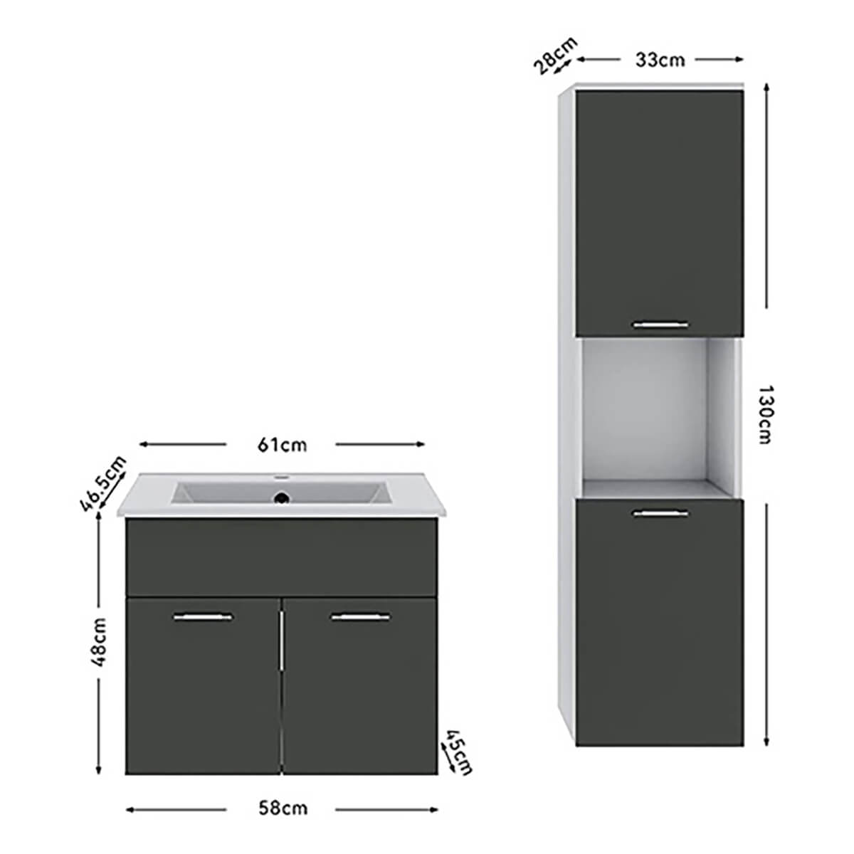 SONNI Badmöbel Set aus Waschbecken, Unterschrank , Spiegel Badezimmermöbel und Hochschrank 3-teilig 60cm Hochglanz Grau