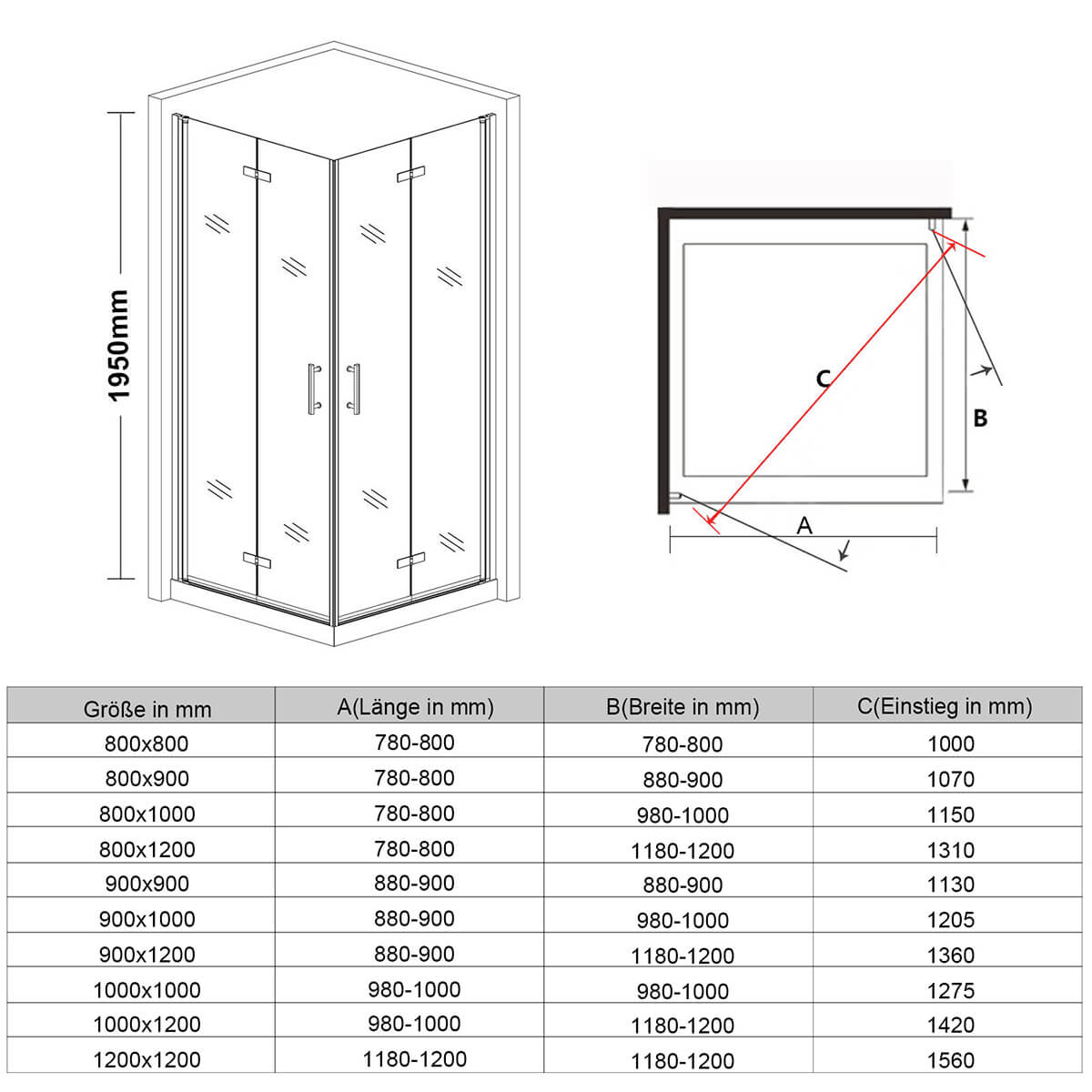 SONNI Duschkabine Eckeinstieg 180° Falttür ESG Glastür 80-120cm Höhe 195cm Quadratisch