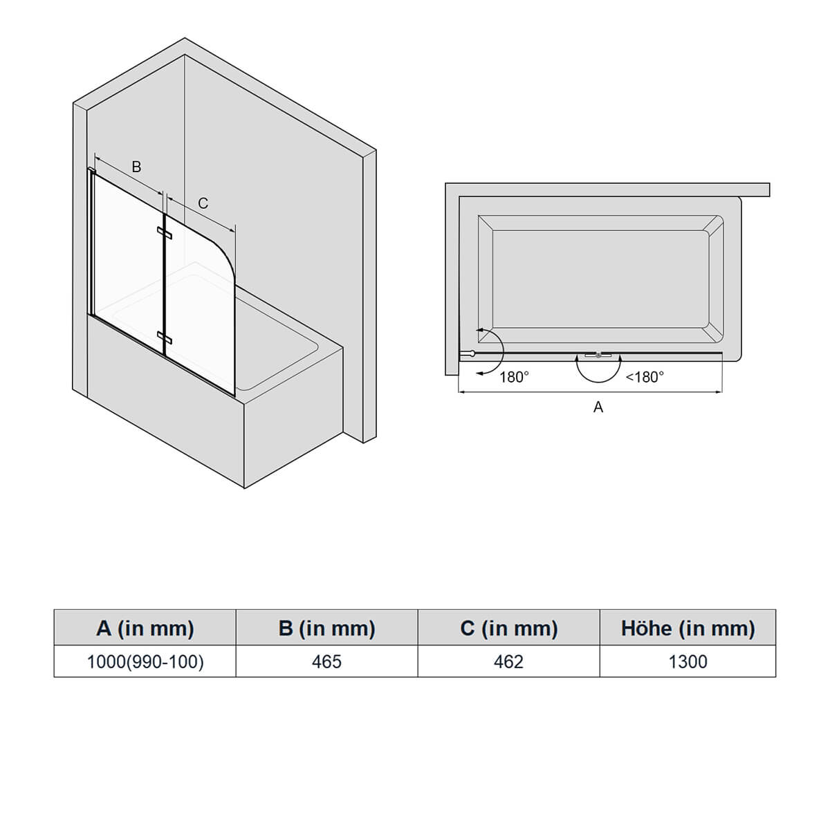 SONNI Duschwand für badewanne 100x130cm Duschwand Glas 6mm Nano Glas 2-Teilig Duschwand Badewanne Faltbar Badewannenaufsatz Duschabtrennung