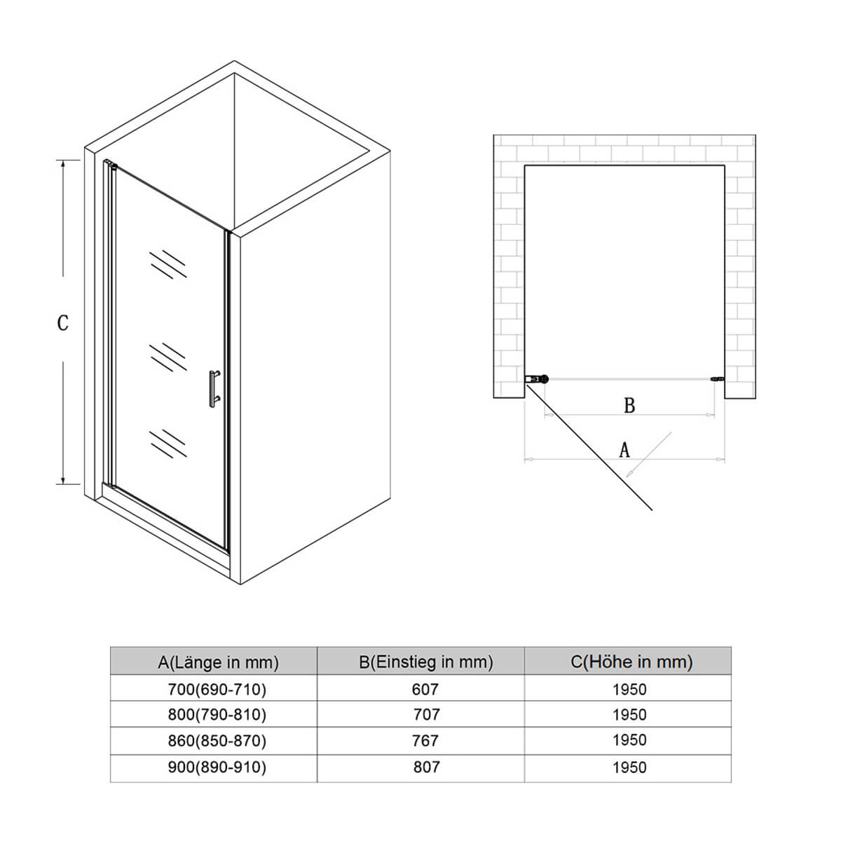 SONNI Dusche Nischentür Pendeltür Schwingtür ESG Glastür mit Nano Beschichtung 70-90cm Höhe 185/195cm