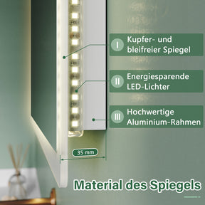 SONNI Badspiegel mit Beleuchtung 50×70 cm, Warmweiß LED Badspiegel, Badezimmerspiegel mit Beleuchtung, Wandspiegel für Badezimmer Vertikal/Horizontal Montage IP44 wasserdicht Wandschalter - Sonni Sanitär GmbH