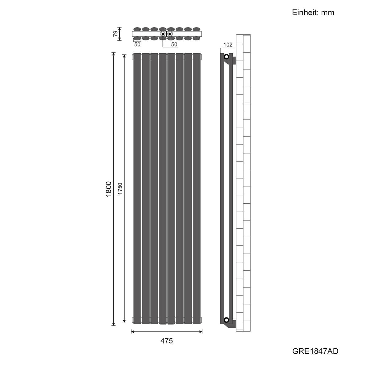 SONNI Röhrenheizkörper Mittelanschluss Wandheizkörper 1800*472mm Anthrazit ohne/mit Mutiblock